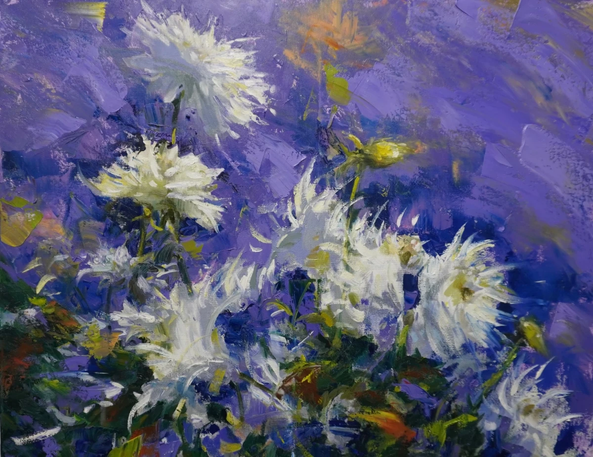 Photo of a painting called White Dahlias on Purple Background by Allison Doke