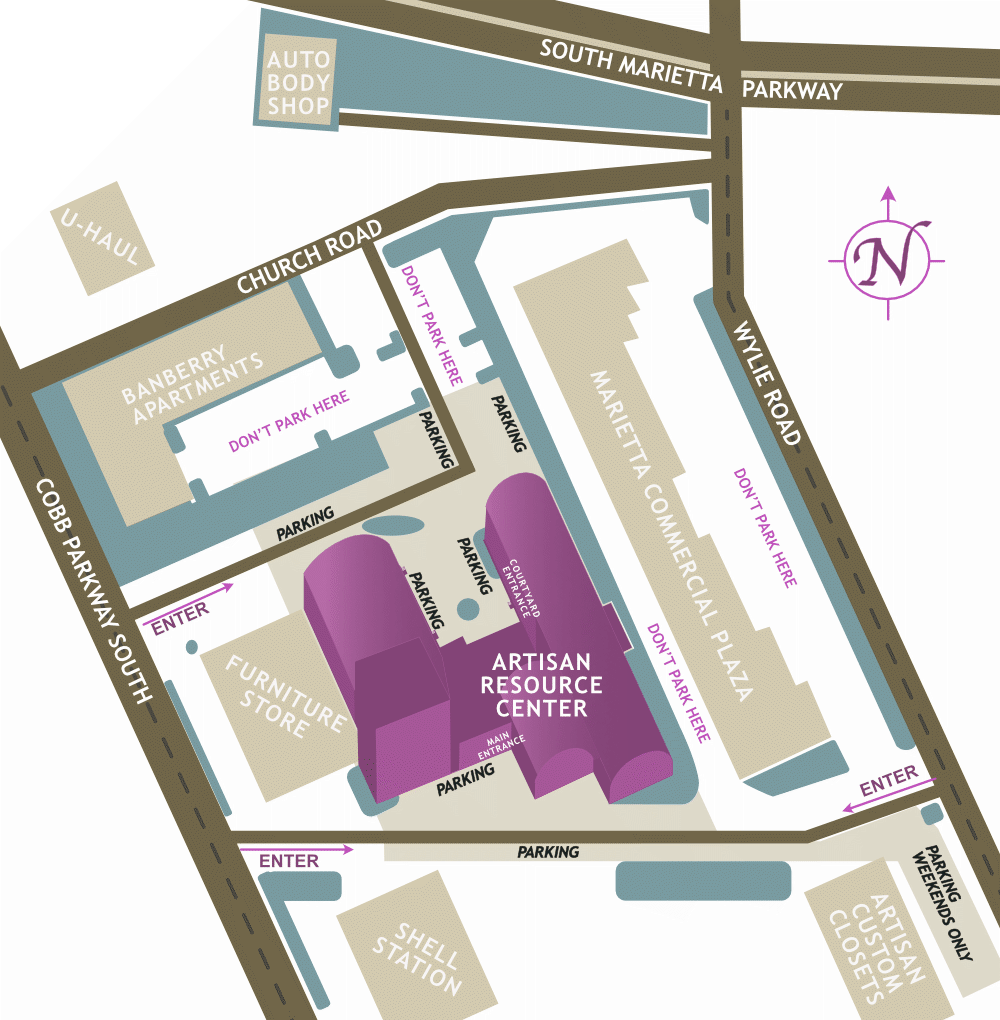 parking map of the Artisan Resource Center including Banberry Apartments and Marietta Commercial Plaza